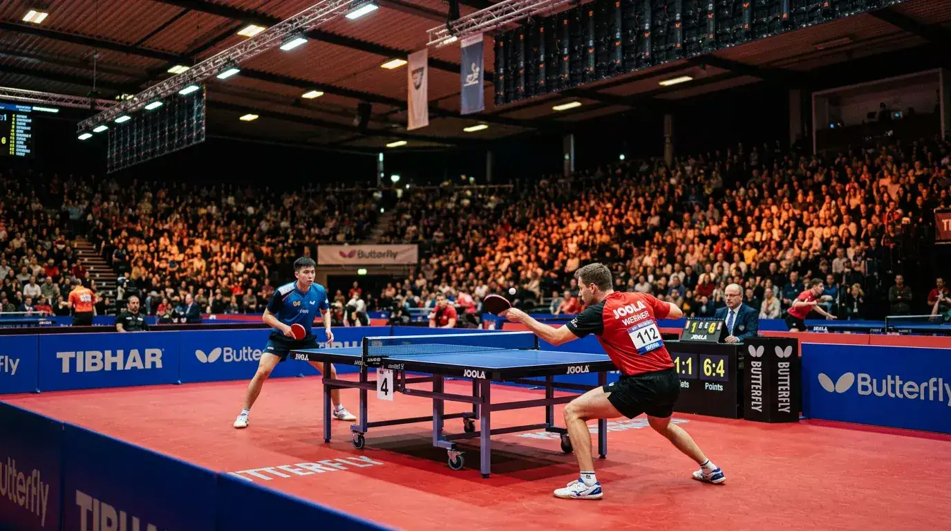 Professionelles WTT-Tischtennis-Turnier in einer modernen Arena mit Zuschauern